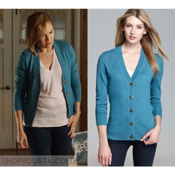 TORY BURCH Simone Merino Wool Cardigan Sweater Turquoise Gold Logo Buttons Large - Picture 1 of 10